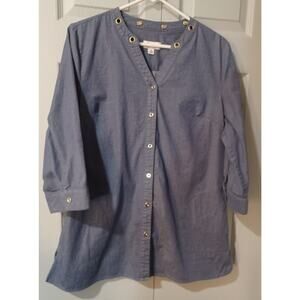 Womens Denim & Co Blue Cotton Shirt Medium Med Button up embellishments